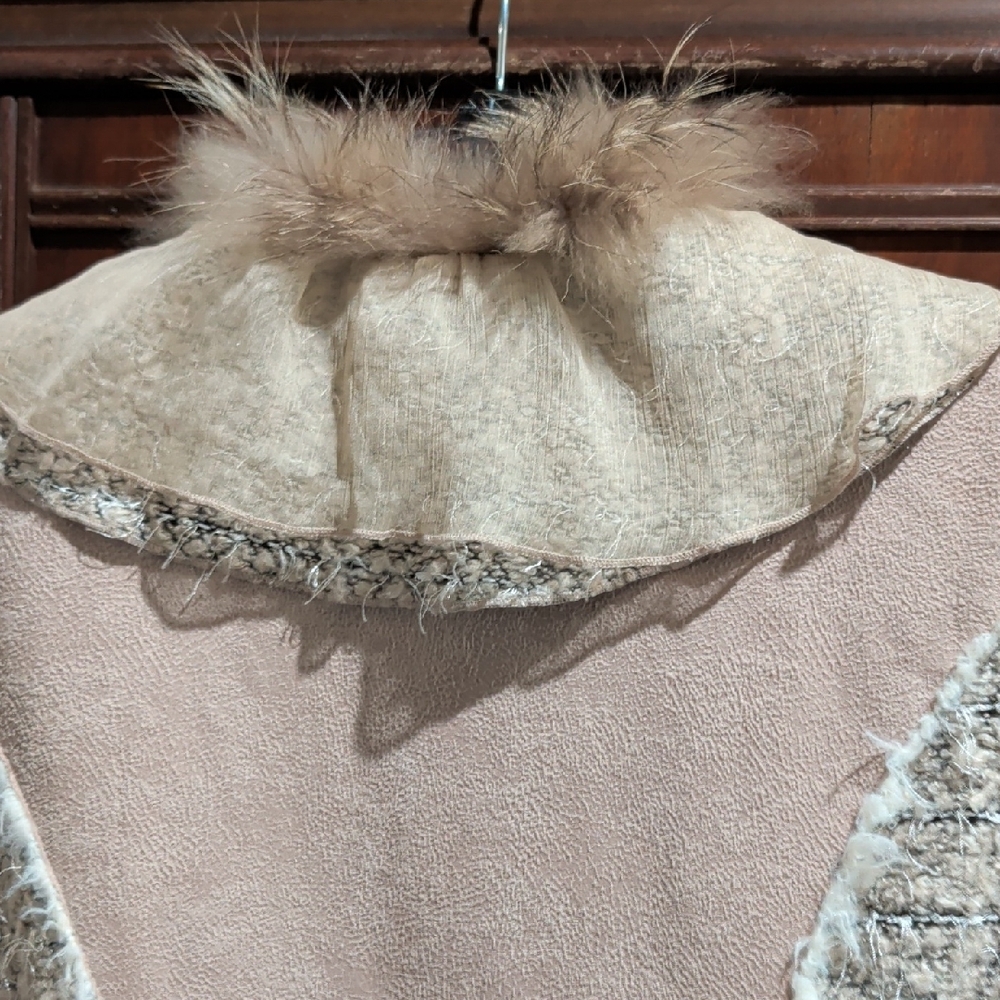 Textured Beige & Blush Ruffle Blazer with Faux Fur Trim - Picture 8 of 14